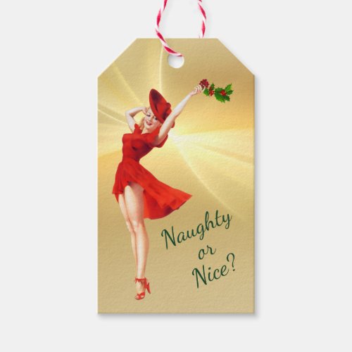 Red Dress and Holly Retro Pinup Girl Christmas Gift Tags