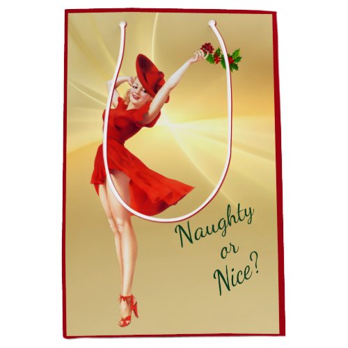 Red Dress and Holly Retro Pinup Girl Christmas Medium Gift Bag