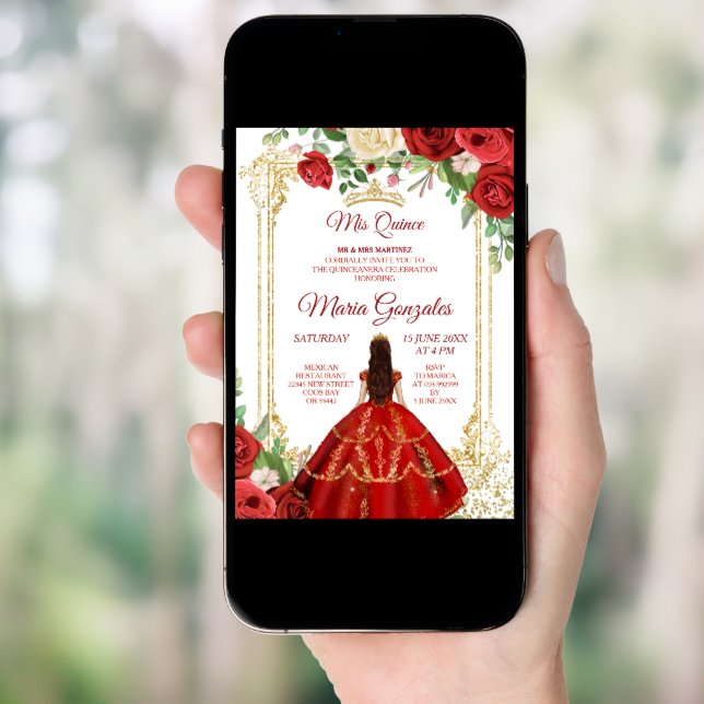 Red Dress and Rose Mexican Mis Quince 2 Invitation (Front Digital)