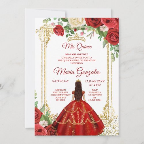 Red Dress and Rose Mexican Mis Quince 2 Invitation
