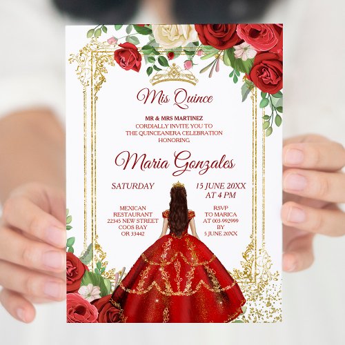 Red Dress and Rose Mexican Mis Quince 2 Invitation