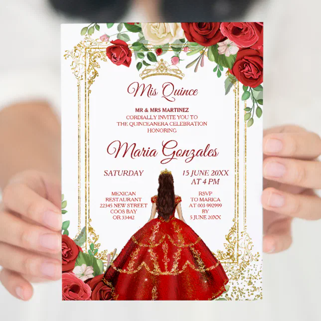 Red Dress and Rose Mexican Mis Quince 2 Invitation | Zazzle