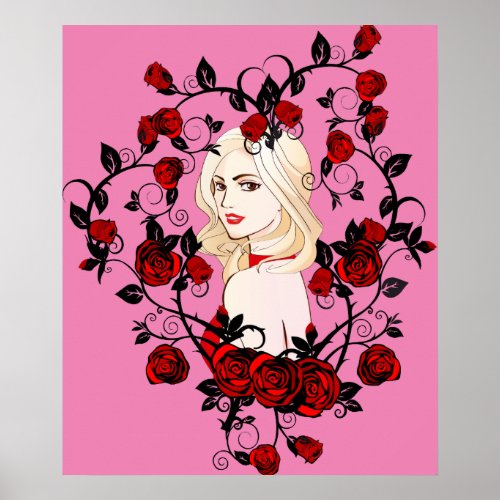 Red Dress and roses Blonde cartoon Pinup Girl art Poster