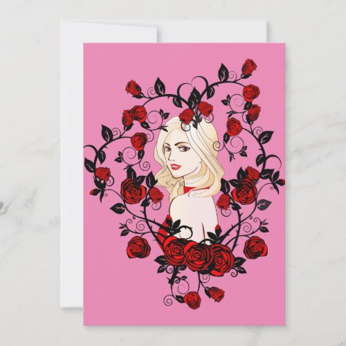 Red Dress and roses Blonde cartoon Pinup Girl art Thank You Card