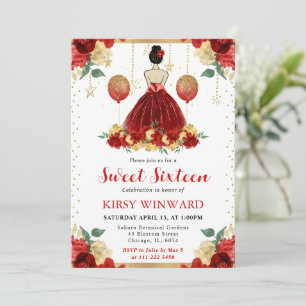 Red Dress Brunette Hair Princess Sweet 16 Invitation