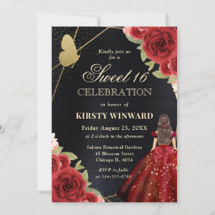 Red Dress Brunette Woman Flowers Sweet 16 Invitation