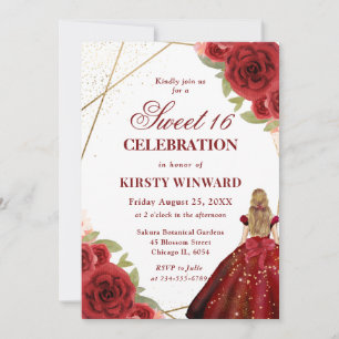 Red Dress Brunette Woman Flowers Sweet 16 Invitation