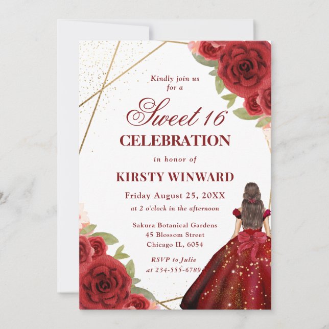 Red Dress Brunette Woman Flowers Sweet 16 Invitation (Front)