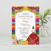 Red Dress Burgundy Colorful Floral Quinceañera  Invitation (Standing Front)