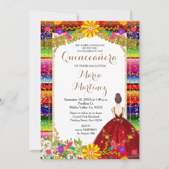 Red Dress Burgundy Colorful Floral Quinceañera  Invitation (Front)