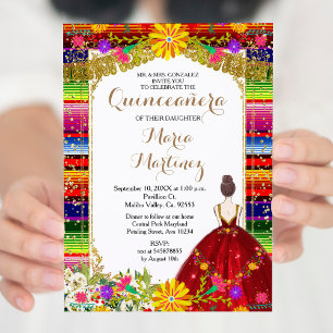 Red Dress Burgundy Colorful Floral Quinceañera Invitation