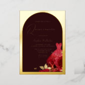 Red Dress Burgundy & Gold Floral Quinceanera Gold Foil Invitation (Standing Front)