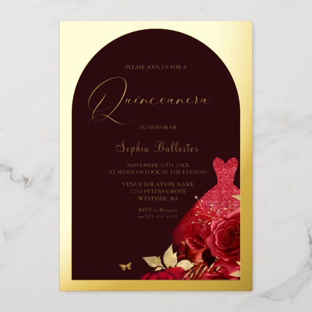 Red Dress Burgundy & Gold Floral Quinceanera Gold Foil Invitation (Front)