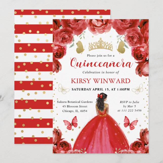 Red Dress Dark Skin Princess Quinceanera Invitation (Front/Back)