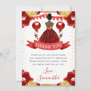 Red Dress Dark Skin Princess Sweet 16 Thank You Card