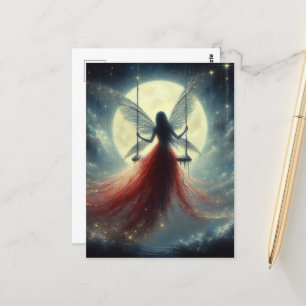 Red Dress Fairy on a Swing Full Moon Night Postcard