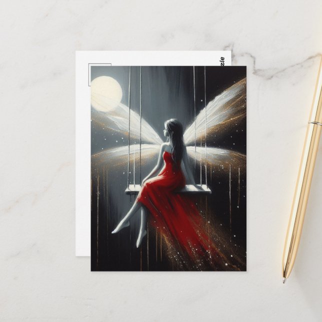 Red Dress Fairy on a Swing Full Moon Postcard (Front/Back In Situ)