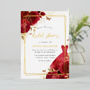 Red Dress & Flowers Gold Foil Bridal Shower Invitation