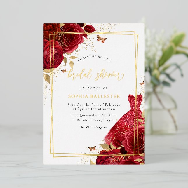 Red Dress & Flowers Gold Foil Bridal Shower Invitation (Standing Front)