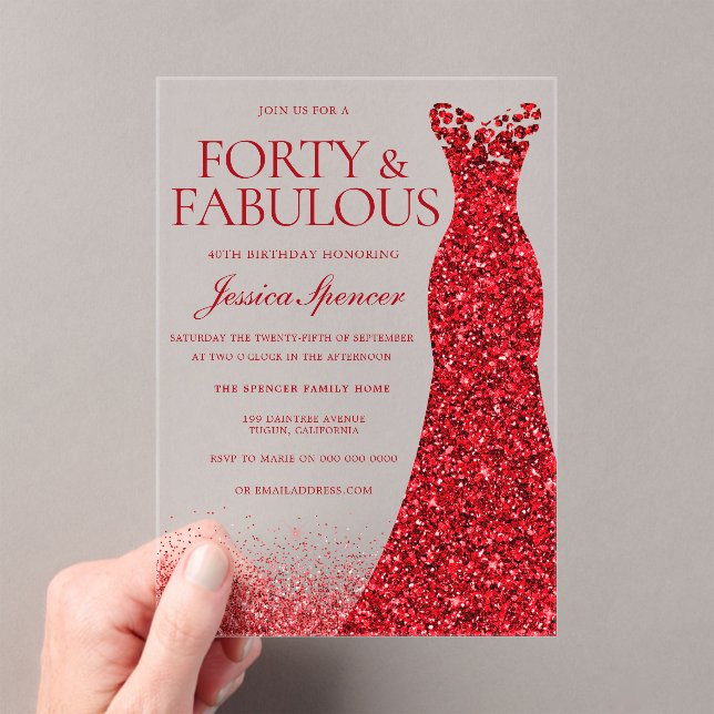 Red Dress Forty & Fabulous 40th Birthday Party Acrylic Invitations | Zazzle