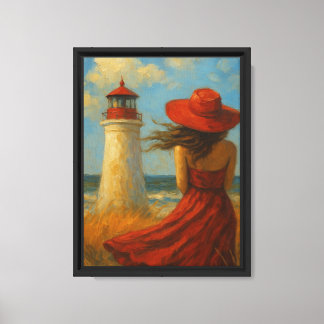 Red Dress Girl by Sea Lighthouse Canvas Print