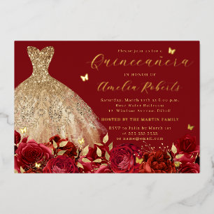 Red Dress Gold Butterfly Elegant Floral Foil Invitation