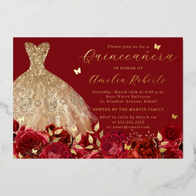 Red Dress Gold Butterfly Elegant Floral Foil Invitation (Front)