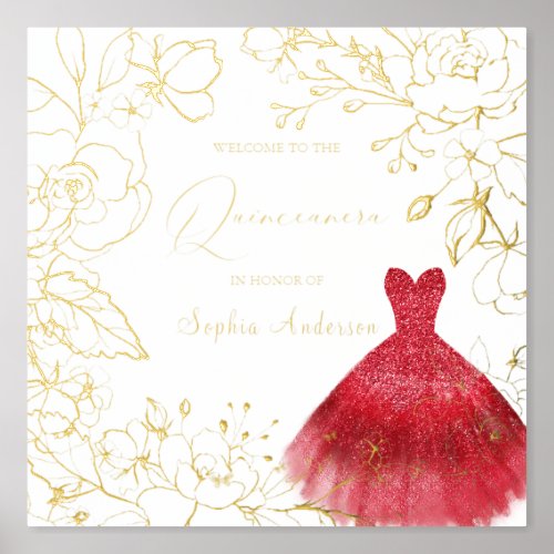 Red Dress Gold Floral Leaves Quinceanera Gold Foil Prints