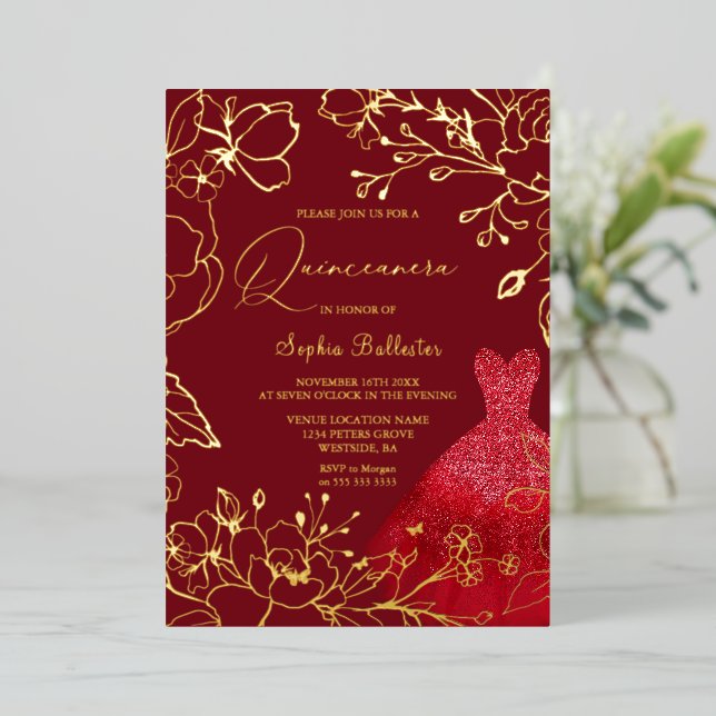 Red Dress Gold Floral Leaves Sweet 16 Foil Invitation (Standing Front)