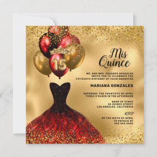 Red Dress Gold Glitter Crown Mis Quinceañera Invitation