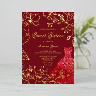 Red Dress Gold Leaves Elegant Sweet 16 Gold Foil Invitation