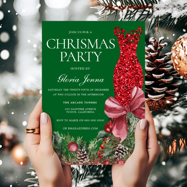 Red Dress Green Festive Christmas Party Invitation (Creator Uploaded)