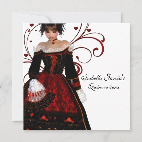 Red Dress Heart Swirls Elegant White Quinceanera Announcements