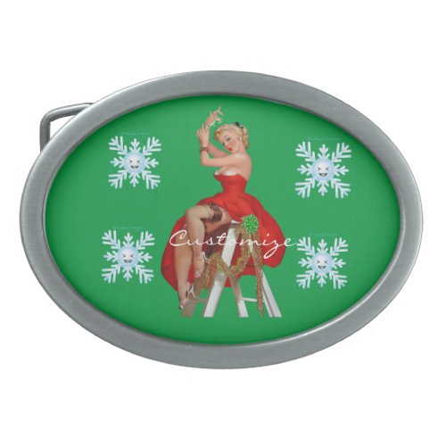 Red Dress Pinup Holding Mistletoe Thunder_Cove  Belt Buckle