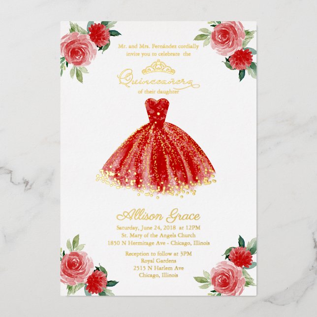 Red Dress Quinceanera Foil Invitation (Front)