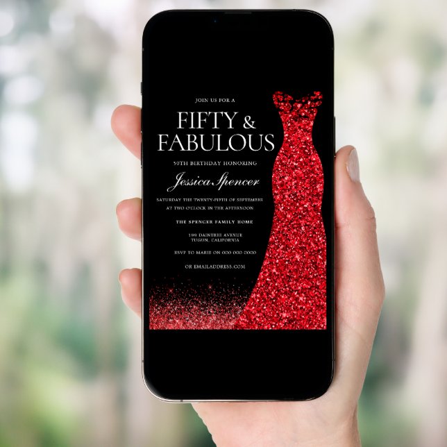 Red Dress Red Glitter Gown 50th Birthday Party Invitation (Front Digital)