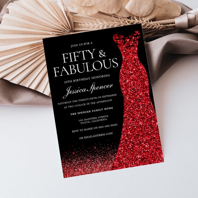 Red Dress Red Glitter Gown 50th Birthday Party Invitation (Creator Uploaded)