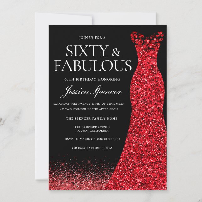 Red Dress Red Glitter Gown 60th Birthday Party Invitation (Front)