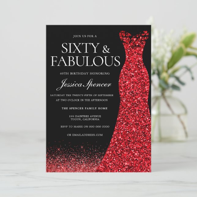 Red Dress Red Glitter Gown 60th Birthday Party Invitation | Zazzle Red Dress Red Glitter Gown 60th Birthday Party Invitation | Zazzle