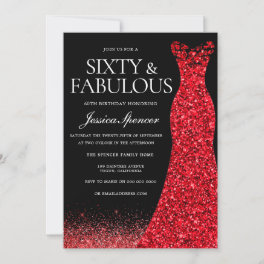 Red Dress Red Glitter Gown 60th Birthday Party Invitation