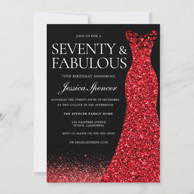 Red Dress Red Glitter Gown 70th Birthday Party Invitation (Front)