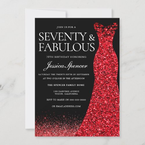 Red Dress Red Glitter Gown 70th Birthday Party Invitation