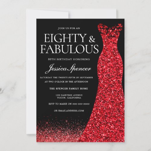 Red Dress Red Glitter Gown 80th Birthday Party Invitation