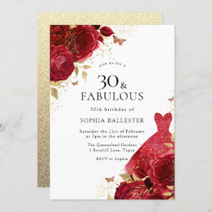 Red Dress & Roses Gold Glitter 30th Birthday Invitation