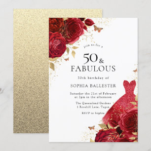 Red Dress & Roses Gold Glitter 50th Birthday Invitation