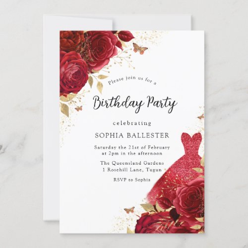 Red Dress  Roses Gold Glitter Birthday Party Invitation