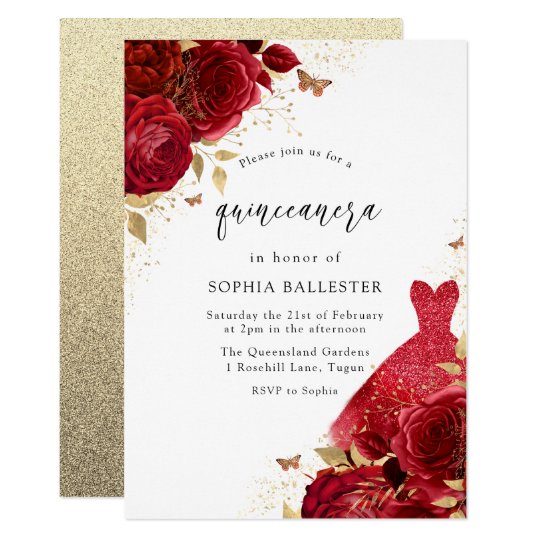 Red Dress And Roses Gold Glitter Quinceanera Party Invitation 6347