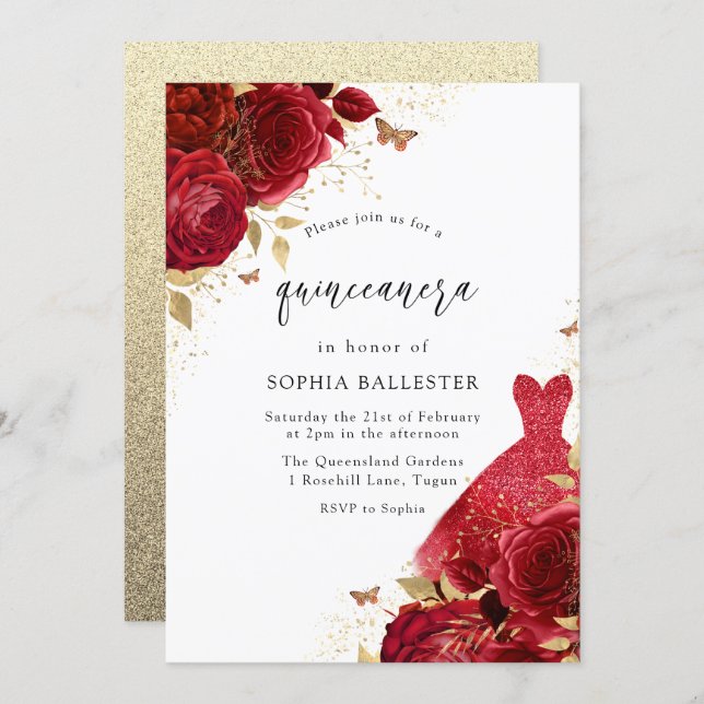 Red Dress & Roses Gold Glitter Quinceanera Party Invitation (Front/Back)