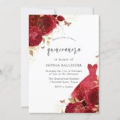 Red Dress & Roses Gold Glitter Quinceanera Party Invitation (Front)