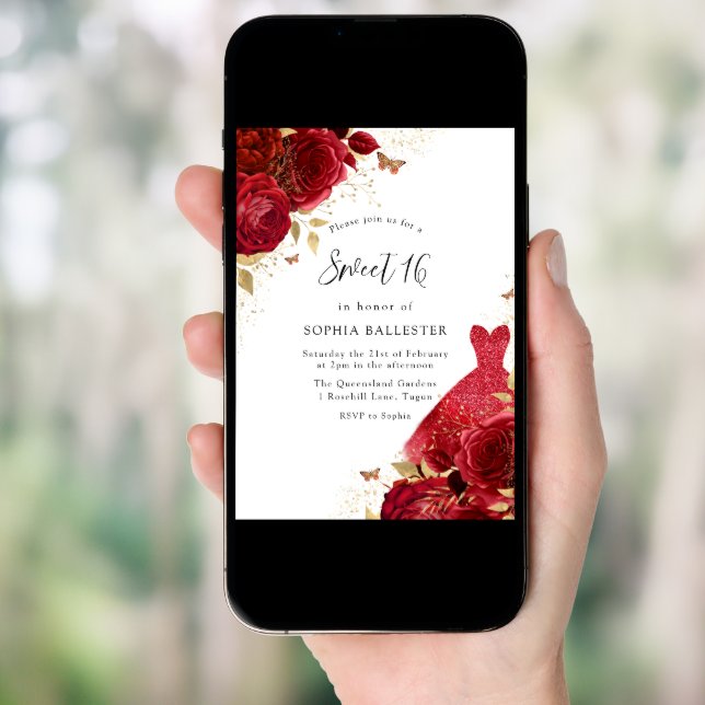 Red Dress & Roses Gold Glitter sweet 16 Invitation (Front Digital)